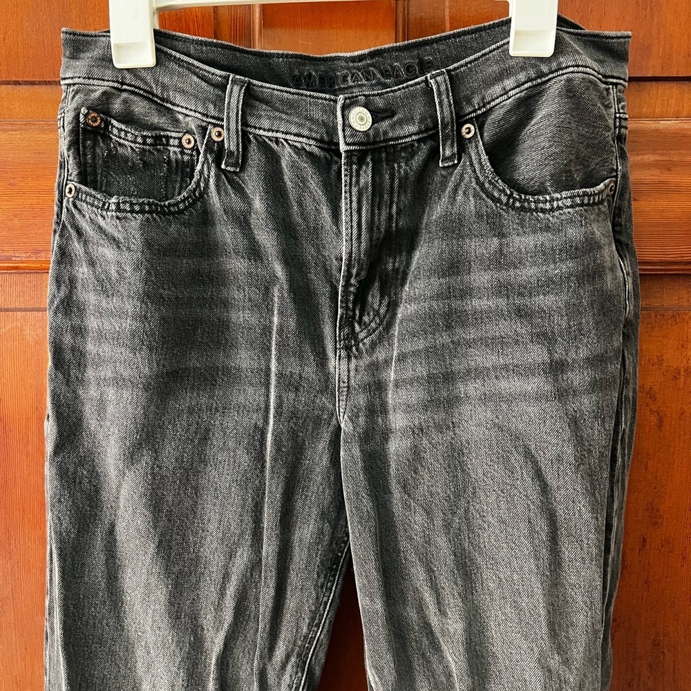 American Eagle ’90s Bootcut Jeans Black Distressed Knees Size 10 Long Real Good - Picture 2 of 12